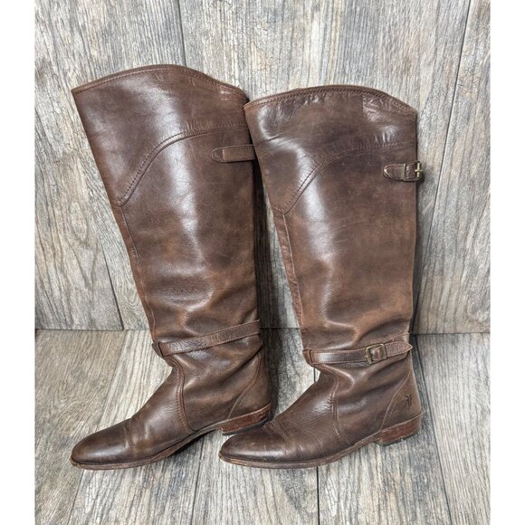 Frye Dorado Tall Riding Boots Women's Size 8 Brown Leather Buckle Knee High Shoe - Picture 7 of 10